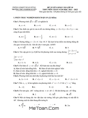 Đề thi thử Toán vào lớp 10 năm 2021 - 2022 trường THCS Nghinh Xuyên - Phú Thọ