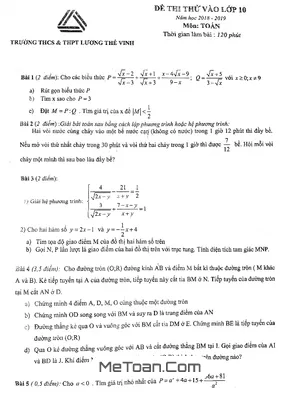 Đề thi thử vào lớp 10 môn Toán năm 2018 - 2019 trường Lương Thế Vinh - Hà Nội