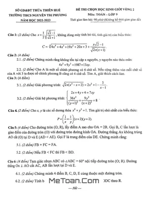 Đề HSG Toán 9 Vòng 2 Năm 2022 - 2023 Trường THCS Nguyễn Tri Phương - TT Huế