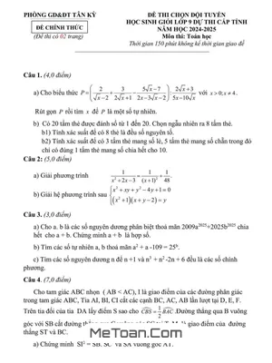 Đề chọn HSG tỉnh Toán 9 năm 2024-2025 phòng GD&ĐT Tân Kỳ - Nghệ An