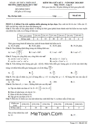 Đề giữa kỳ 1 Toán 11 năm 2024 - 2025 trường THPT Đặng Huy Trứ - TT Huế