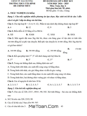 Đề thi giữa kì 1 Toán 6 năm 2024 - 2025 trường THCS Tân Bình - Hải Dương