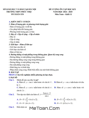 Đề Cương Ôn Tập Cuối Kỳ 1 Toán 11 Năm 2024 - 2025 Trường THPT Phúc Thọ - Hà Nội