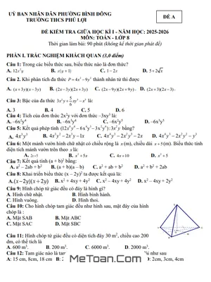 Đề thi giữa kì 1 Toán 8 năm 2025 - 2026 trường THCS Phú Lợi, TP.HCM (Kèm Đáp Án)