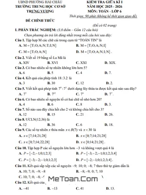 Đề thi giữa kì 1 Toán 6 năm 2025 – 2026 trường THCS Trưng Vương – Đà Nẵng