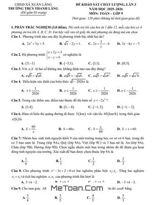 Đề Khảo Sát Toán 9 Lần 3 Năm 2025-2026 Trường THCS Thanh Lãng, Phú Thọ
