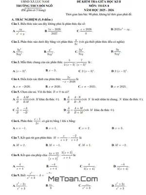 Đề Thi Giữa Học Kỳ 2 Toán 8 Năm 2025-2026 THCS Đồi Ngô - Bắc Ninh Có Đáp Án
