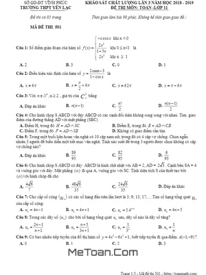 Đề khảo sát Toán 11 lần 3 năm 2018 – 2019 trường THPT Yên Lạc – Vĩnh Phúc