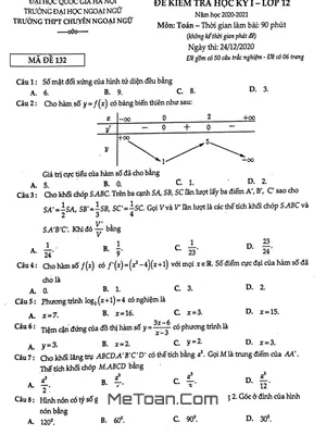 Đề thi học kỳ 1 Toán 12 năm 2020 – 2021 có lời giải chi tiết - Trường THPT Chuyên Ngoại Ngữ
