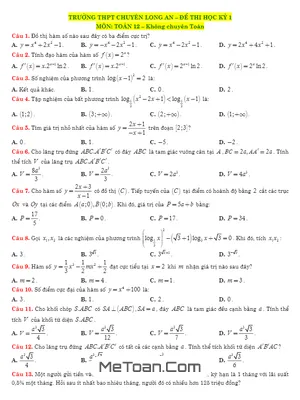 Đề thi học kỳ 1 Toán 12 không chuyên năm học 2017 - 2018 trường THPT chuyên Long An