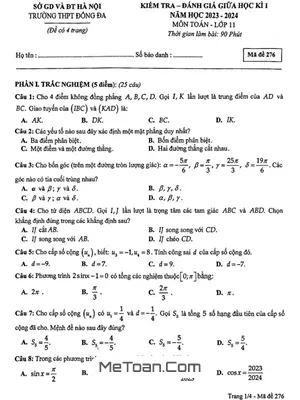 Đề giữa kì 1 Toán 11 năm 2023 - 2024 trường THPT Đống Đa - Hà Nội