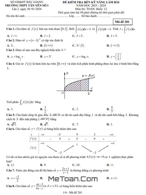 Đề kiểm tra Toán 12 lần 2 năm 2023 - 2024 trường THPT Tân Yên 1 - Bắc Giang