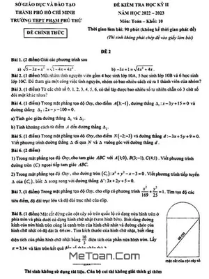 Đề thi học kỳ 2 Toán 10 năm 2022 – 2023 trường THPT Phạm Phú Thứ – TP HCM