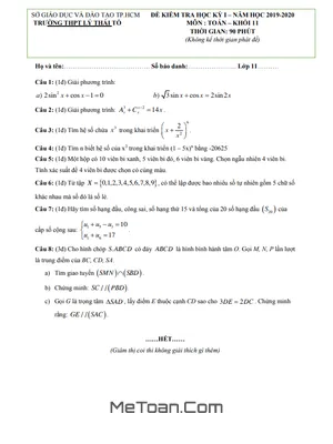 Đề thi học kì 1 Toán 11 năm 2019 - 2020 trường Lý Thái Tổ - TP HCM