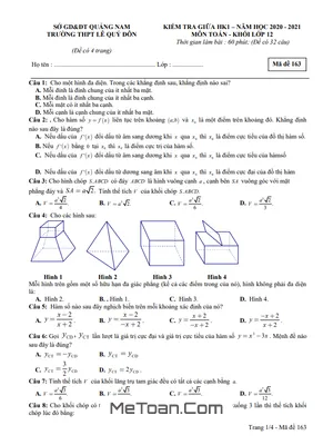 Đề thi giữa HK1 Toán 12 năm 2020 - 2021 trường THPT Lê Quý Đôn - Quảng Nam