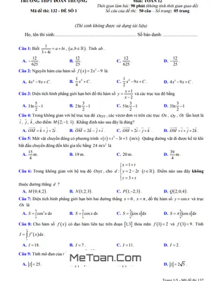 Đề thi cuối kỳ 2 Toán 12 năm 2020 - 2021 trường Đoàn Thượng - Hải Dương