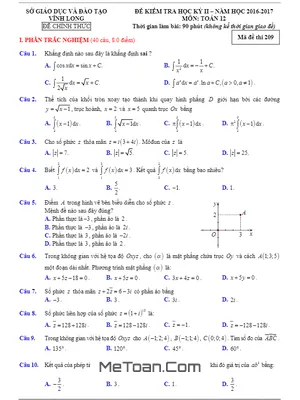 Đề thi học kỳ 2 môn Toán lớp 12 năm 2016 - 2017 Sở GD&ĐT Vĩnh Long