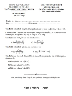 Đề Thi Giữa Kỳ 2 Môn Toán Lớp 11 Năm 2022 - 2023 Trường THPT Nguyễn Tất Thành - TP.HCM