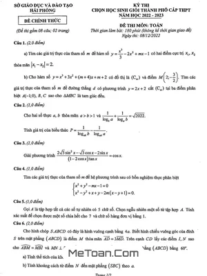 Đề thi học sinh giỏi thành phố môn Toán THPT năm 2022 - 2023 sở GD&ĐT Hải Phòng