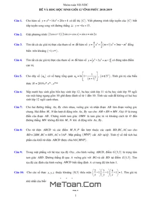 Đề thi chọn HSG Toán 12 THPT năm học 2018 - 2019 sở GD&ĐT Vĩnh Phúc