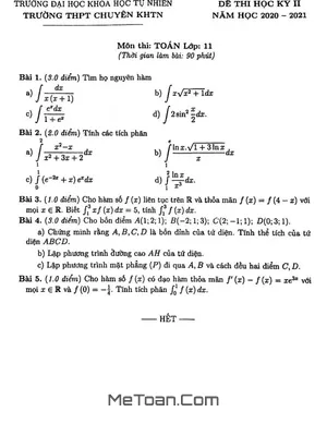 Đề thi học kỳ 2 môn Toán lớp 11 năm 2020 - 2021 trường THPT chuyên KHTN - Hà Nội