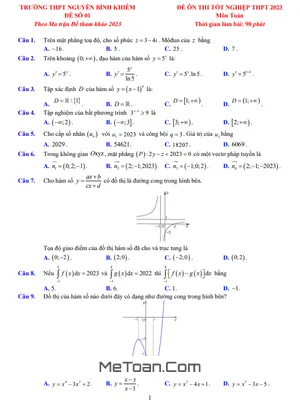 Bộ 5 Đề Ôn Thi TN THPT 2023 Môn Toán Trường THPT Nguyễn Bỉnh Khiêm - Gia Lai