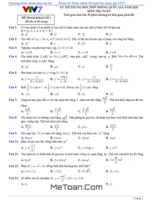 Đề thi thử THPT Quốc gia 2020 môn Toán kênh VTV7 (Đề 3) có lời giải