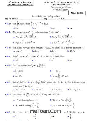 Đề thi thử THPT Quốc gia 2017 môn Toán trường THPT Ninh Giang - Hải Dương lần 2 có đáp án