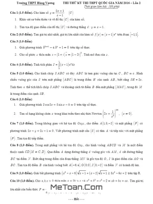 Đề thi thử THPT Quốc gia 2016 môn Toán trường THPT Hùng Vương - Bình Phước lần 2