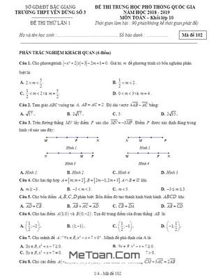 Đề thi THPT Quốc gia môn Toán 10 năm 2018 - 2019 trường Yên Dũng 3 - Bắc Giang lần 1