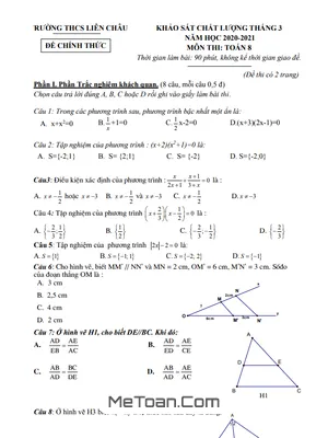 Đề Kiểm Tra Chất Lượng Toán 8 Tháng 3 Năm 2021 Trường THCS Liên Châu - Vĩnh Phúc
