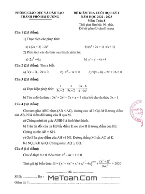 Đề thi học kỳ 1 Toán 8 năm 2022 - 2023 phòng GD&ĐT TP Hải Dương (có đáp án)