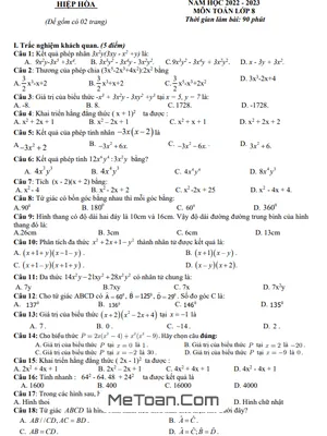 Đề thi giữa kì 1 Toán 8 năm 2022 - 2023 phòng GD&ĐT Hiệp Hòa - Bắc Giang