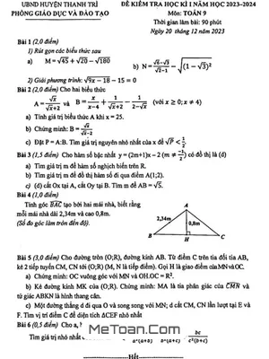 Đề thi học kì 1 Toán 9 năm 2023 - 2024 phòng GD&ĐT Thanh Trì - Hà Nội