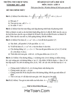 Đề thi giữa học kì 2 Toán 9 năm 2017 - 2018 trường THCS Dịch Vọng - Hà Nội