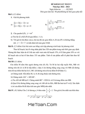 Đề khảo sát Toán 9 năm 2022 – 2023 trường THCS Lê Quý Đôn – Hà Nội