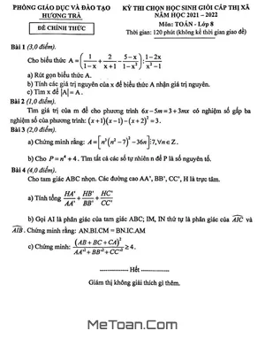 Đề thi học sinh giỏi Toán 8 năm 2021 - 2022 phòng GD&ĐT Hương Trà - TT Huế