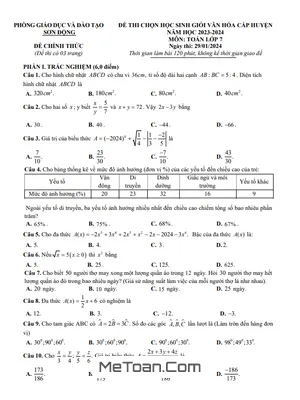 Đề thi học sinh giỏi Toán 7 năm 2023 - 2024 phòng GD&ĐT Sơn Động - Bắc Giang