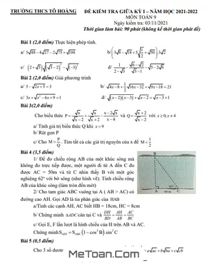 Đề thi giữa kì 1 Toán 9 năm 2021 - 2022 trường THCS Tô Hoàng - Hà Nội