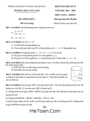 Đề kiểm tra học kì 2 Toán 9 năm 2019 - 2020 trường THCS Văn Lang - TP HCM