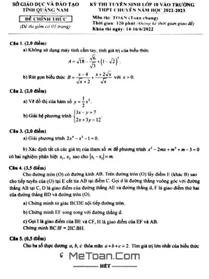 Đề Thi Vào Lớp 10 Chuyên Toán (Chung) Sở GD&ĐT Quảng Nam Năm 2022 - 2023
