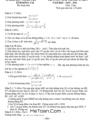 Đề thi tuyển sinh lớp 10 môn Toán năm 2020 - 2021 Sở GD&ĐT Đồng Nai