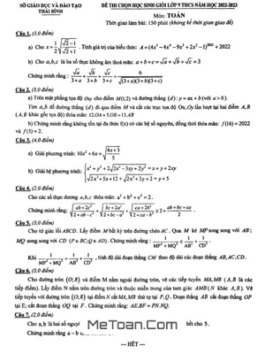 Đề thi chọn học sinh giỏi Toán 9 năm 2022 - 2023 phòng GD&ĐT Thái Bình