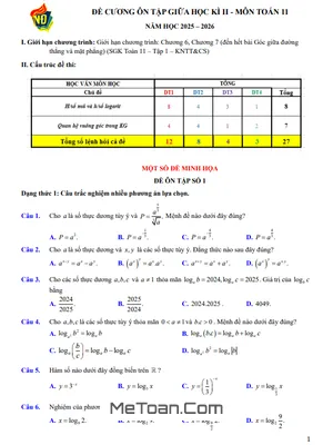Đề cương giữa học kì 2 Toán 11 năm 2025 – 2026 trường THPT Việt Đức – Hà Nội