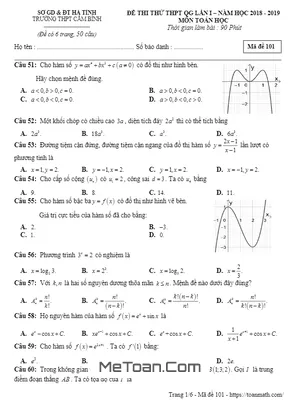 Đề thi thử THPTQG 2019 môn Toán trường THPT Cẩm Bình – Hà Tĩnh lần 1 có đáp án