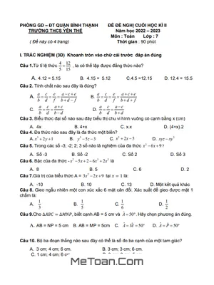 Đề Nghị Cuối Kì 2 Toán 7 Năm 2022 - 2023 Trường THCS Yên Thế - TP HCM