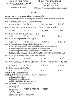 Đề Thi Giữa Học Kỳ 1 Môn Toán Lớp 8 Năm Học 2025 - 2026 Trường THCS Nguyên Khê, Hà Nội