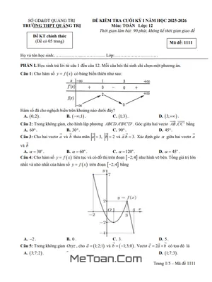 Đề Thi Cuối Kỳ 1 Môn Toán Lớp 12 Năm Học 2025 – 2026 Trường THPT Quảng Trị, Tỉnh Quảng Trị