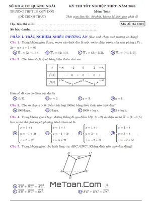 Đề thi thử tốt nghiệp THPT 2026 môn Toán trường THPT Lê Quý Đôn – Quảng Ngãi